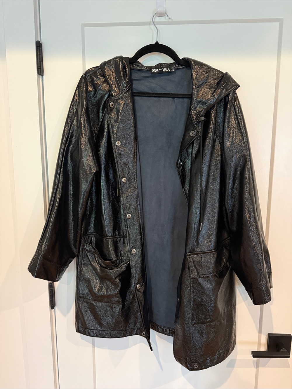 Pam & Gela Shiny Black Hooded Trench Coat